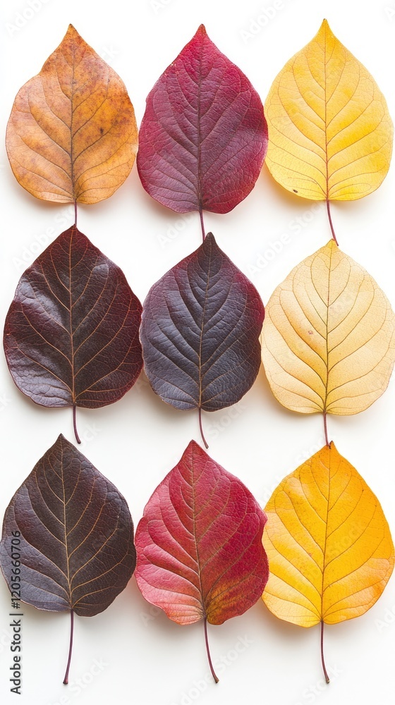 Obraz premium Nine autumn leaves arranged in a grid pattern