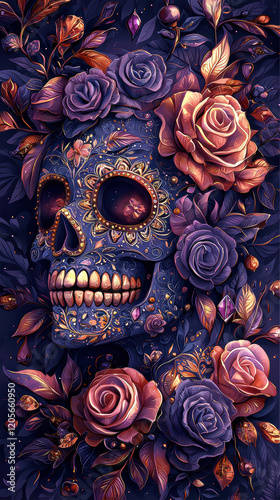 vibrant Day of Dead themed skull surrounded by colorful roses, showcasing intricate designs and rich colors