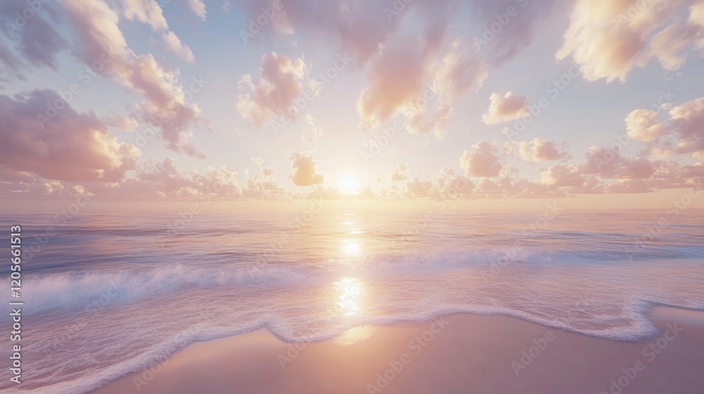Fototapeta premium Sun rays breaking through light clouds over a calm sea and sandy shoreline.