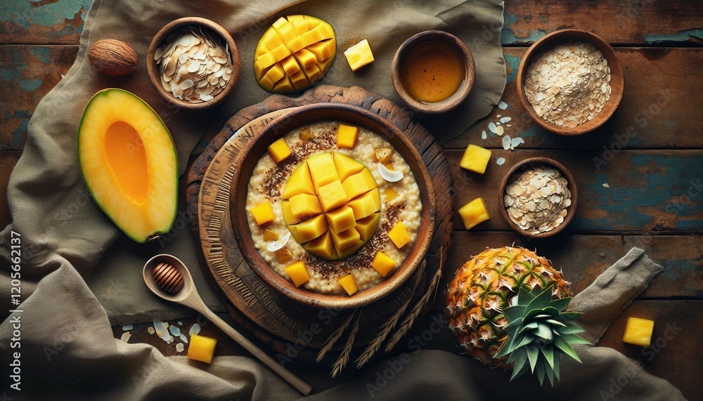 Vibrant breakfast scene showcasing a tropical mango smoothie bowl garnished with pineapple, coconut flakes, and honey, presented with fresh and juicy tropical fruits in a rustic setup.

