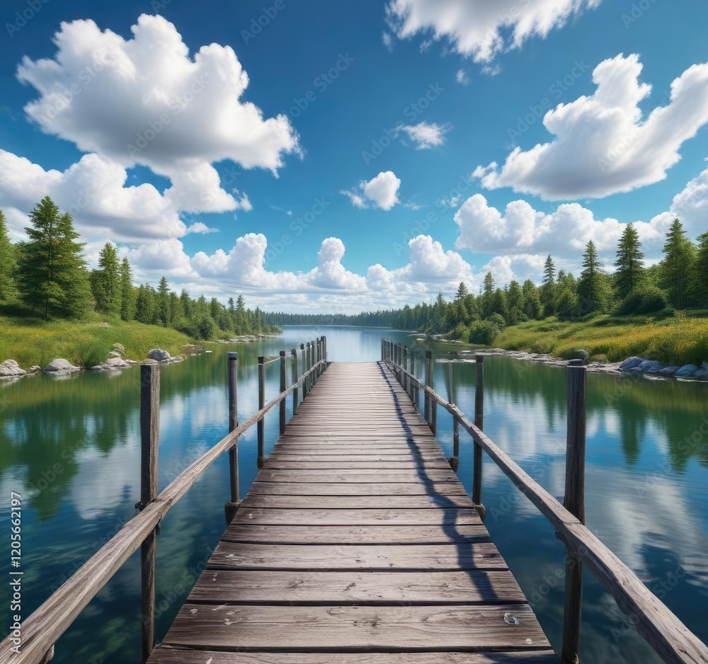 Fototapeta premium A bridge spanning a serene lake with a clear blue sky and fluffy white clouds above it , peaceful surroundings, natural scenery