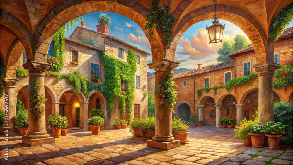 Fototapeta premium Sunlit Courtyard with Archways and Lush Greenery, Evoking a Sense of Tranquility and Old-World Charm