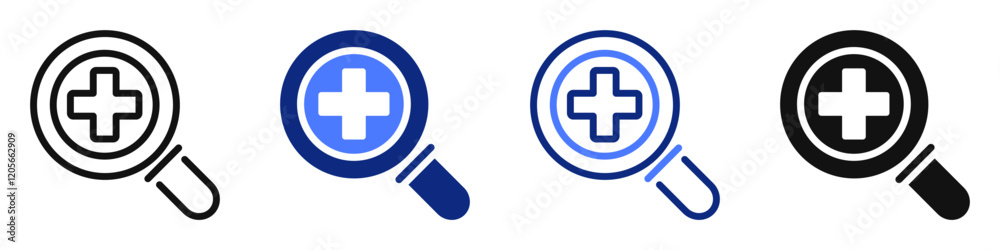 Vector icon or logo of magnifying glass related to medical diagnosis and testing, science lab research. Symbol for website or app ui, logo design, illustration