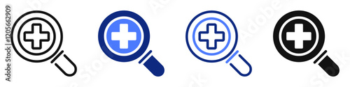 Vector icon or logo of magnifying glass related to medical diagnosis and testing, science lab research. Symbol for website or app ui, logo design, illustration