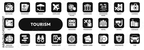 Set of vector solid icons related to tourism, summer vacation, airplane travel. Symbols for website or app ui, logo design, illustration