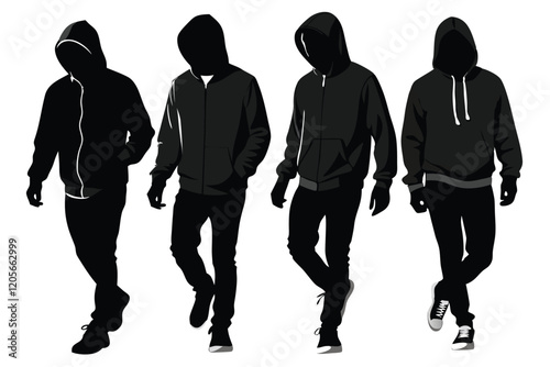 Man walking looking at cell phone smartphone silhouette set