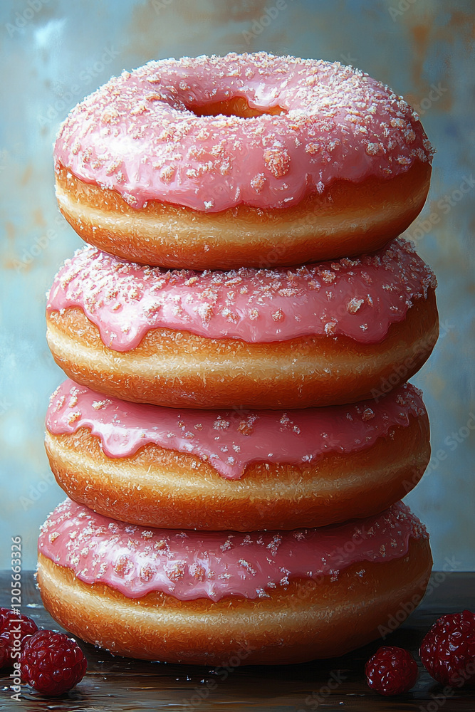 Stack of Pink Sugar Donuts With Raspberries Stack of Pink Sugar Donuts With Raspberries