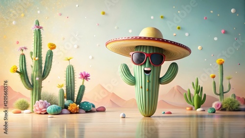 A jovial cactus wearing a sombrero and sunglasses enjoys a desert landscape with blooming cacti and colorful decorative eggs