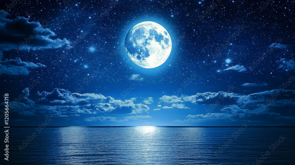 Fototapeta premium Breathtaking view of the full moon surrounded by a clear night sky dotted with countless sparkling stars