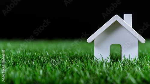 A small white house model placed on vibrant green grass, symbolizing home and nature.