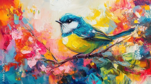 Abstract colorful oil, acrylic painting of bird and spring flower. Modern art paintings brush stroke on canvas. Illustration oil painting, animal and floral for background
