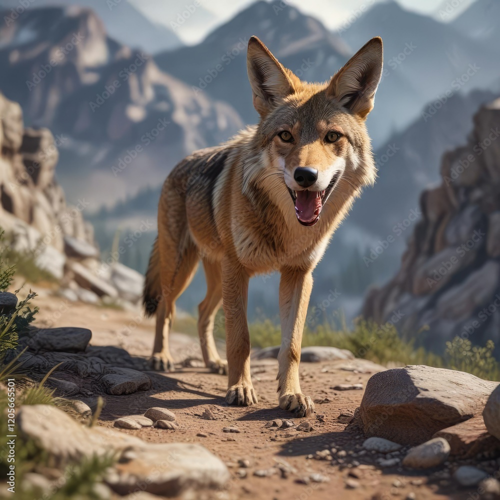 Obraz premium A coyote's tongue lolls out of its mouth as it takes a break from traversing the mountainous terrain on the trail, tongue, landscape, outdoor adventure