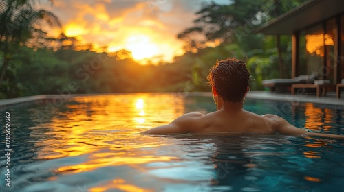Tranquil Sunset Reflection: A Person Relaxes in a Luxurious Infinity Pool Overlooking a Tropical Paradise
