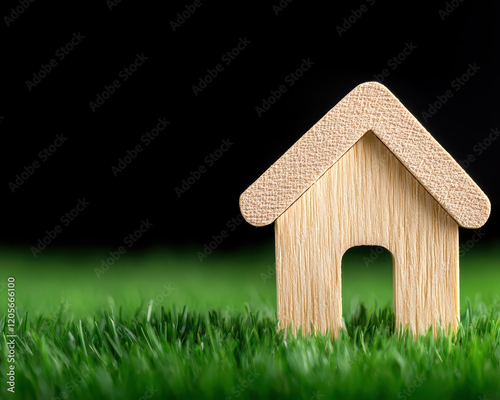 A wooden toy house sits on vibrant green grass against a dark backdrop, symbolizing nature. A wooden toy house sits on vibrant green grass against a dark backdrop, symbolizing nature.