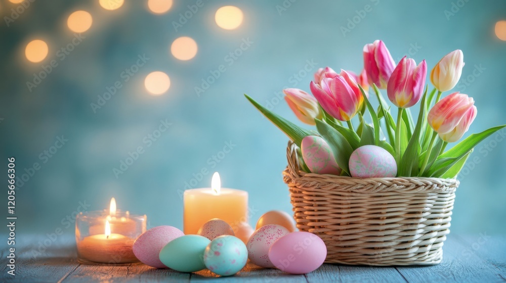 Obraz premium Basket of Pastel Eggs and Tulips on a Wooden Table