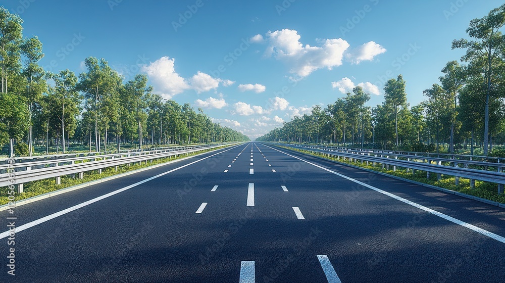 Fototapeta premium Empty highway through lush green trees under a sunny sky.