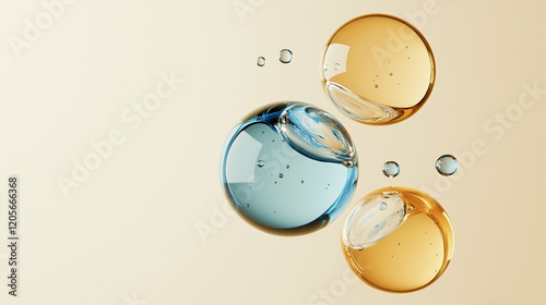 glass bubbles oil, water ball, molecules, cosmetic moisturizing water molecules, Cosmetic essence, liquid oil foam, glass texture, 3D rendering
