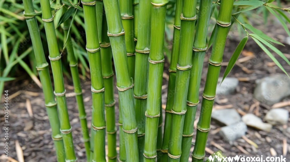 Obraz premium Lush green bamboo stalks garden closeup, mulch background, nature texture