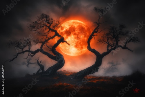 A haunting image of a xanthous full moon glowing against a dark, cloudy sky, with twisted trees silhouetted in the foreground