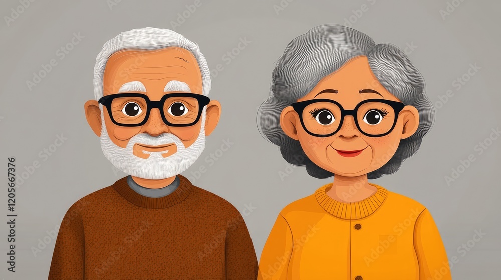 Cartoon illustration of an elderly couple smiling, with a neutral background, emphasizing companionship Cartoon illustration of an elderly couple smiling, with a neutral background, emphasizing companionship