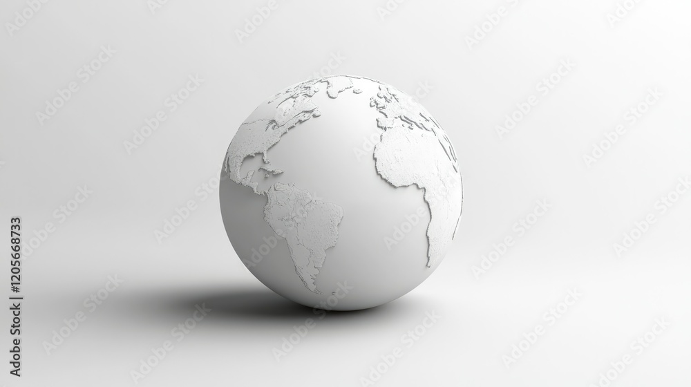 A minimalist 3D illustration of a white globe featuring black outlines of continents,