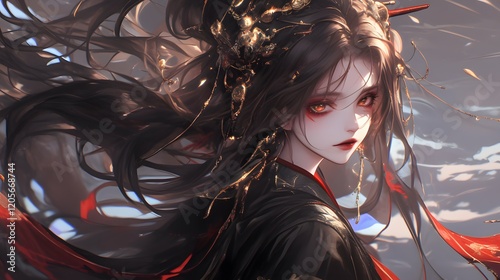 mysterious and beautiful anime girl, depicted in a concept art style, captivating with her enigmatic presence. photo