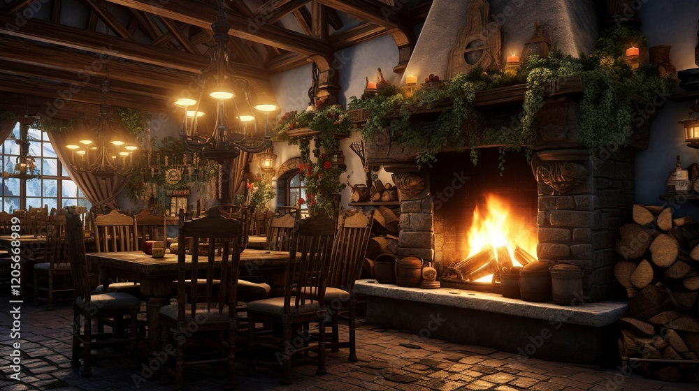 A photo of a pub-style restaurant with a cozy fireplace A photo of a pub-style restaurant with a cozy fireplace