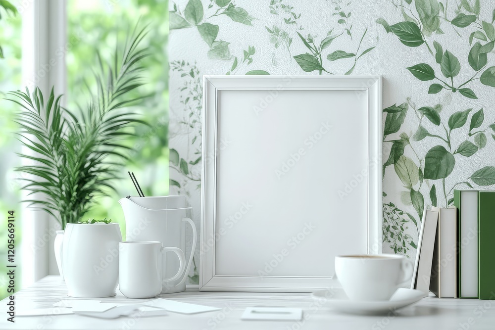 Fototapeta premium White photo frame mockup with empty space for text, placed on a clean desk with books, plants, coffee cups, and scattered Post-it notes, creating a serene, minimalistic atmosphere.