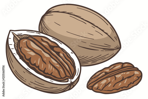  Closeup of pecan nuts, hyper-realistic, studio lighting, white background, macro photography, high detail, food photography, brown tones, textured surfaces, glossy finish,  single pecan shell, cont