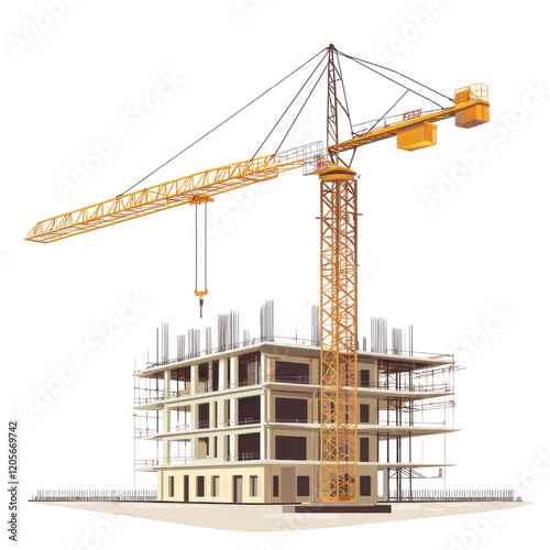 Construction Site with Tower Crane Vector Illustration