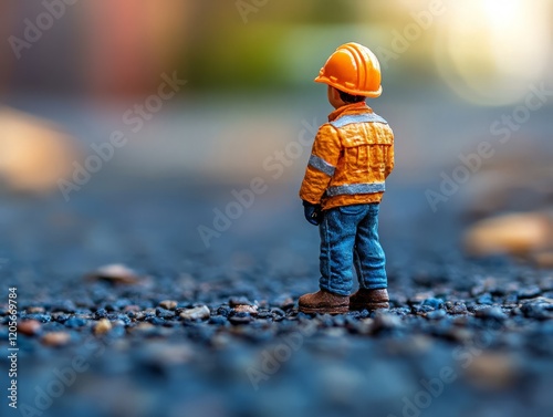 A small figurine of a construction worker stands on a gravel surface, suggesting industry themes.