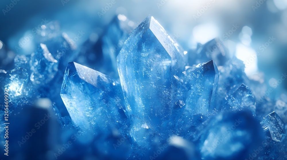 Obraz premium Detailed macro view reveals delicate ice crystal formations with translucent blue frost patterns, showcasing geometric structures and ethereal frozen shapes in natural mineral arrangements.