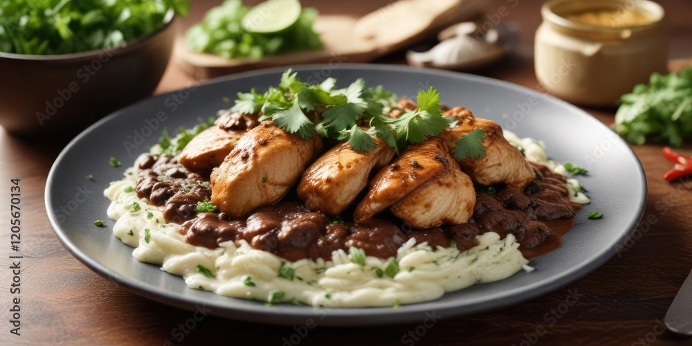 A plate of chicken covered in a thick and creamy mole poblano sauce, garnished with fresh cilantro , chicken, vibrant colors A plate of chicken covered in a thick and creamy mole poblano sauce, garnished with fresh cilantro , chicken, vibrant colors