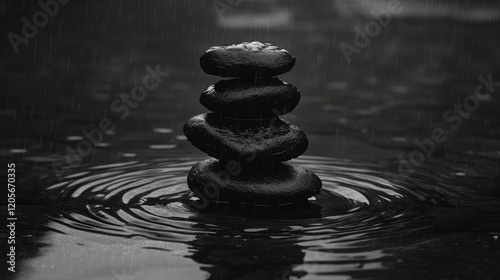 A serene scene featuring a stack of smooth black stones balanced atop one another, photo