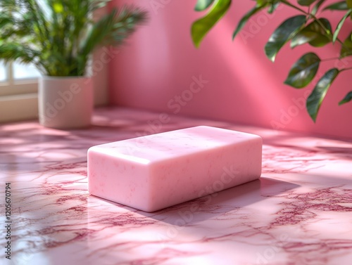 A pink soap bar on a marbled surface with plants in a softly lit environment. photo