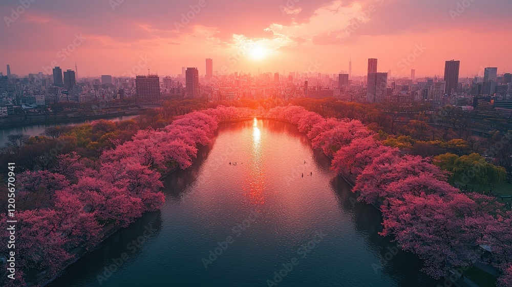 Fototapeta premium Vibrant Cityscape Sunset with Cherry Blossoms Reflecting in Water