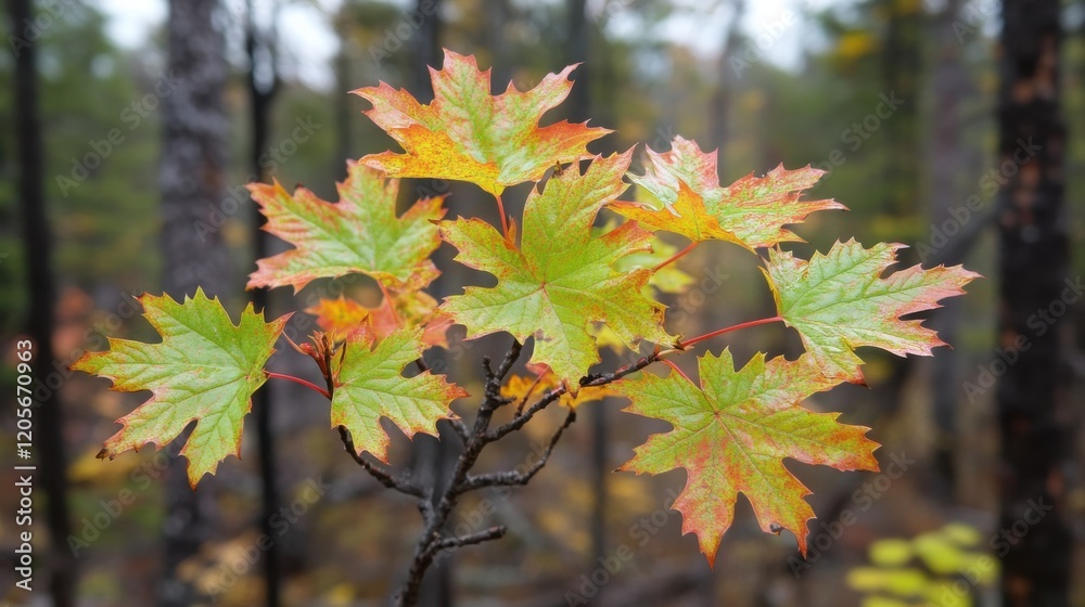 A branch of fresh maple leaves with their bright green color transitioning to yellow and red, set against a blurred forest background of autumn trees. A branch of fresh maple leaves with their bright green color transitioning to yellow and red, set against a blurred forest background of autumn trees.