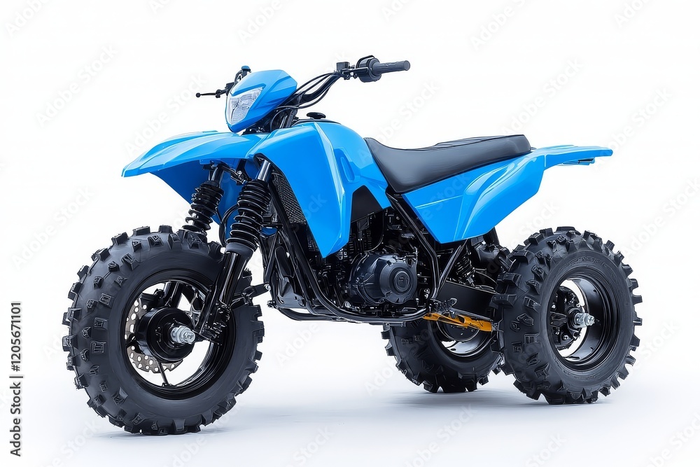 Blue power desert ATV isolated on a white background with natural lighting and sharp focus, high-resolution, off-road vehicle, outdoor adventure.