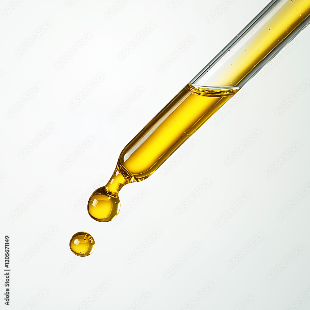 Fototapeta premium test tube with yellow liquid with bubbles, water moisturizing serum, molecular, science medical and cosmetic concept