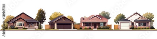 A row of four distinct Traditional Ranch-style houses showcasing different architectural styles. The first house is a cozy bungalow with a wooden facade. The second is a modern garage-style home. 