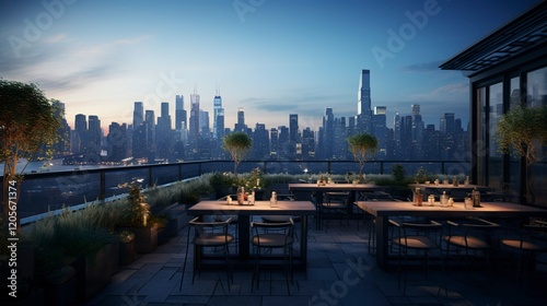 A photo of a rooftop restaurant with city skyline view