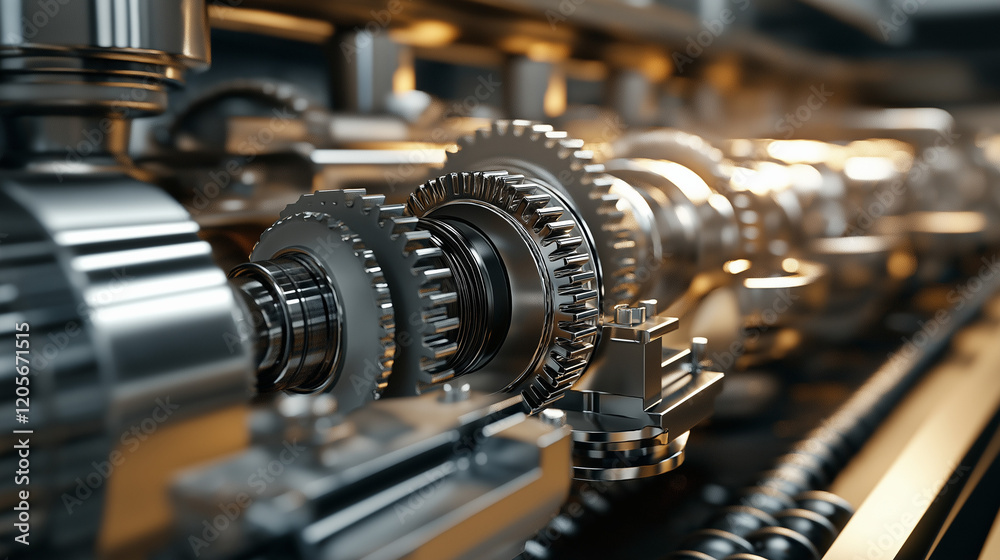 Close-up view of industrial machinery in a factory, detailed gears, pistons and metal parts Close-up view of industrial machinery in a factory, detailed gears, pistons and metal parts