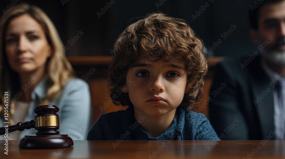 Sad boy sitting at a table in the background of his parents.