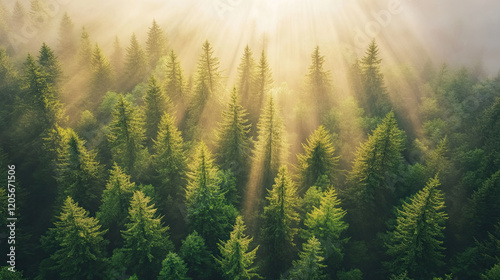 Serene Forest with Sunlight Beaming Through Tree Canopy