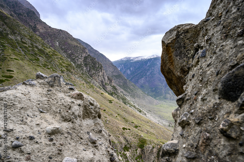 Stone mushrooms. Stone formations on the slope of a high mountain. Altai. Stone mushrooms. Stone formations on the slope of a high mountain. Altai.