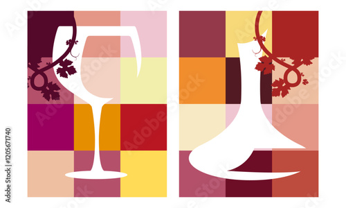Abstract wine glass and decanter art with vine elements