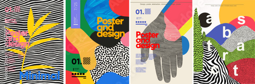 Poster, Abstract art and design. Bold vector abstract shapes with modern geometric patterns, plant, hand and creative typography. Ideal for trendy poster, background, branding, and digital design