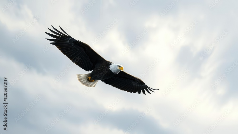 Naklejka premium A soaring bald eagle cuts through the air with ease against a backdrop of wispy grayish-white clouds with a hint of blue at their edges, cloud, feathers