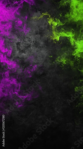 Abstract vibrant purple and green smoke clouds on black background.