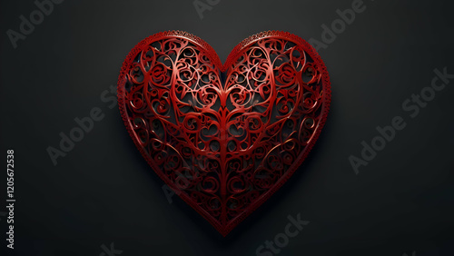 A signal red heart made of intricate geometric patterns, with metallic edges, standing out against a dark background.